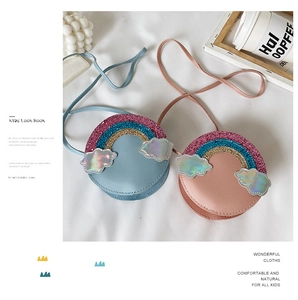 Detail of round glitter rainbow crossbody bags for kids in blue and pink PU leather