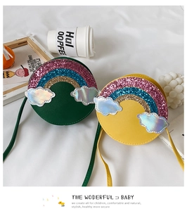 Close-up of colorful sequin rainbow and laser cloud details on children's round handbags