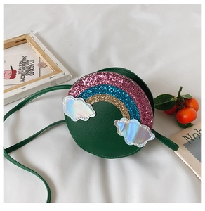 Detailed close-up of a green round child purse featuring sequined rainbow and clouds