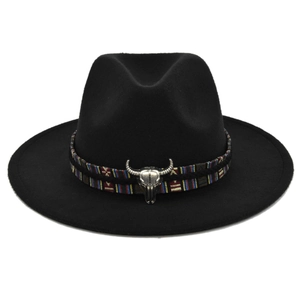 Retro Fedora Hat Wide Brim Felt Jazz Hat With Tribal Woven Band Metal Bull Head Accessory Western Cowboy Style