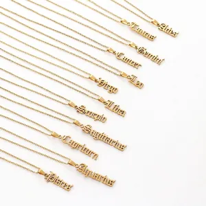 Gothic style gold stainless steel zodiac sign letter pendant necklaces for women