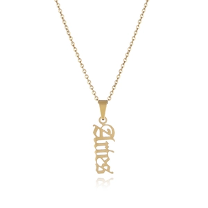 Detailed close-up of gold stainless steel Aries zodiac necklace with gothic lettering