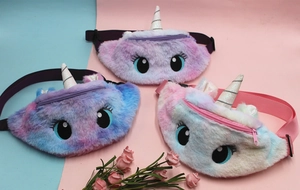 Three plush unicorn waist bags in gradient colors with adjustable straps and 3D details