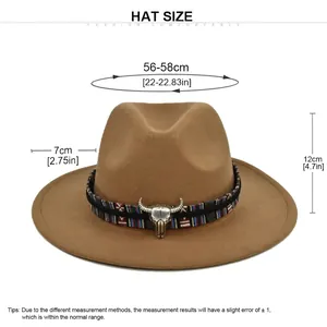 Black wool jazz fedora hat with bull head ornament showing 56-58cm size specifications