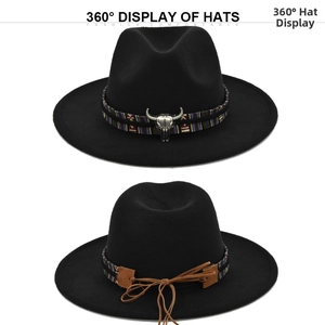 Detailed views of a black wool fedora featuring a silver bull head and braided band