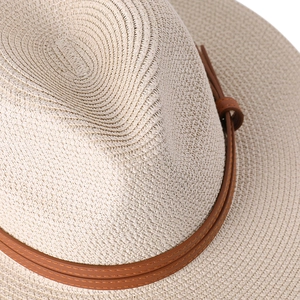 Close-up of beige woven straw sun hat featuring double brown leather decorative bands