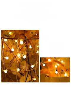 Detail of warm white spherical LED string lights wrapped around a golden basket