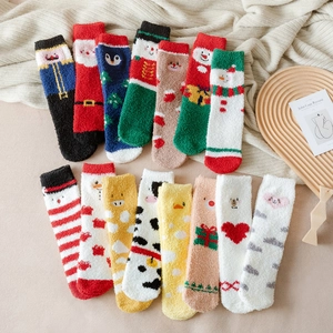 Cozy Christmas themed fleece thermal socks featuring cute cartoon animal patterns