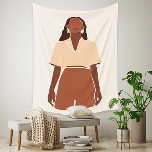 Bohemian abstract female portrait tapestry hanging on a minimalist white wall