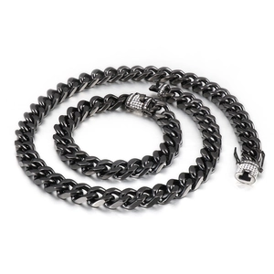 Black Cuban link chain set with necklace and diamond clasp on white background