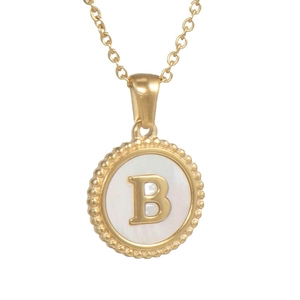 18K gold plated stainless steel coin necklace with mother of pearl letter B pendant