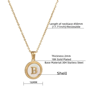 Detail view of 18K gold-plated coin necklace with letter B shell inlay and dimensions