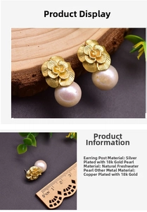 Detailed view of camellia pearl earrings with 925 silver needle and 18k gold plating