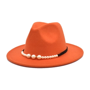 Classic bright orange wide brim wool felt fedora hat with black pearl band for women