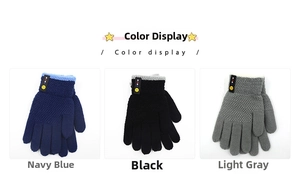 Detailed knit texture and baby smiley face patch on navy, black, and grey winter gloves