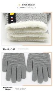 Detail view of children's grey knit gloves with thick fleece lining and smiley face patch