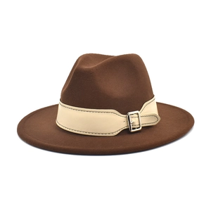 Classic dark brown wide brim fedora hat with a cream faux leather belt and silver buckle