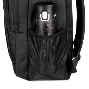 Black Oxford business backpack side view featuring a mesh pocket with a water bottle