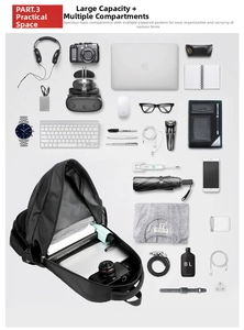 Flat lay of black Oxford backpack interior compartments with organized electronics and gear