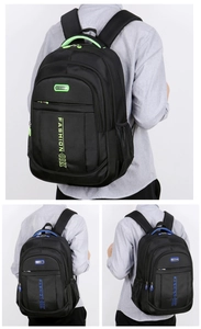 Detail of oxford laptop backpack featuring vertical Fashion logo and padded shoulder straps