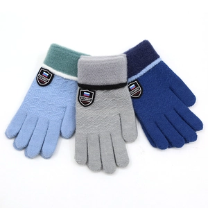 Winter warm knit gloves for kids in light blue, grey and dark blue with classic badges