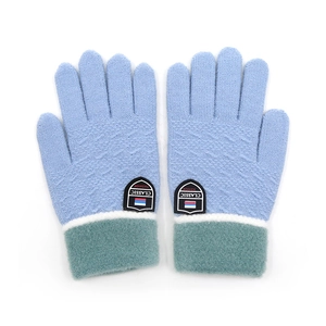 Winter warm knitted full finger gloves for kids in light blue with classic shield patch