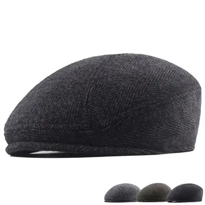 Men Herringbone Tweed Newsboy Cap Flat Cap British Retro Vintage Warm Adjustable Autumn Winter Hat Accessories