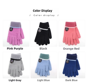 Detailed grid view showcasing six color options for warm winter knitted gloves with shield logo