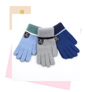 Detail of warm knitted gloves for kids in blue and grey with classic crest badges