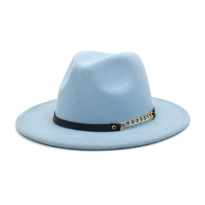 Light blue wool fedora detail with black leather band and decorative gold metal chain