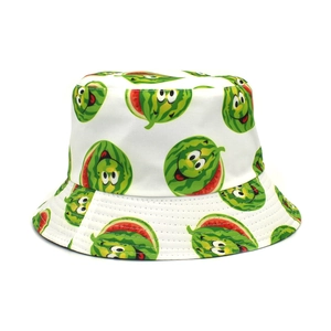 Detail of white cotton bucket hat featuring all-over cartoon watermelon print with faces