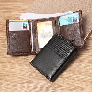 Men's tri-fold RFID leather wallet set in black and brown on a wooden surface