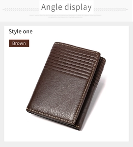 Detail view of brown genuine leather wallet with RFID blocking and trifold stitching