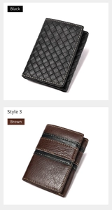 Detail view of black woven and brown lychee grain RFID leather tri-fold wallets