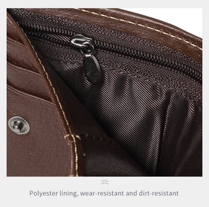 Macro view of RFID leather wallet with interior card slots and durable polyester lining