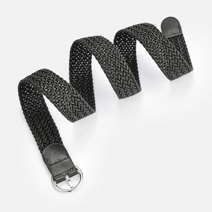 Black elastic woven waist belt with a silver D-ring buckle and faux leather accents