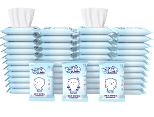 Close-up of portable wet wipes pack showing soft texture and cartoon blue packaging