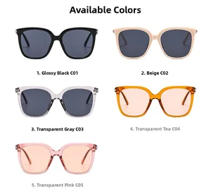 Selezione di cinque occhiali da sole squadrati oversize in nero, beige, grigio, tè e rosa