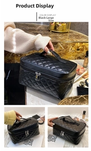 Detail of black large quilted PU leather cosmetic bag with double metal zippers and handle