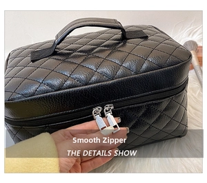 Detail shot of the smooth double metal zippers and diamond lattice pattern on black PU bag