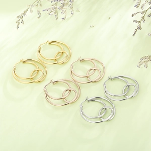 Polished stainless steel knot hoop earrings in gold, silver and rose gold finishes