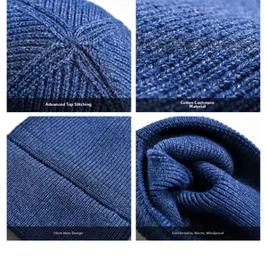 Detail view of cotton cashmere knitted hat showing stitching and 10cm folded brim