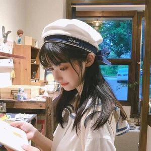 Japanese style JK white beret sailor hat with navy ribbon and Forever embroidery