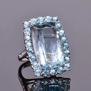 Vue macro de la bague en zircon bleu ciel taille émeraude avec halo et pavé de gemmes