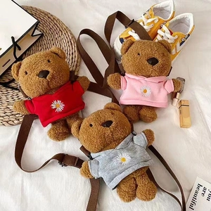 Cute plush bear crossbody bags in red, pink, and grey hoodies for women and girls