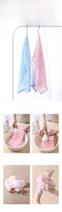 Exfoliating bath towel steps showing rich lather and long strip design for back cleaning