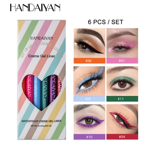 Detailweergave van 6-delige waterbestendige eyeliner gelset met levendige kleuren op ogen