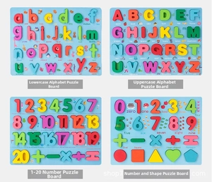 Detail of wooden puzzles with letters, numbers, and shapes for early childhood learning