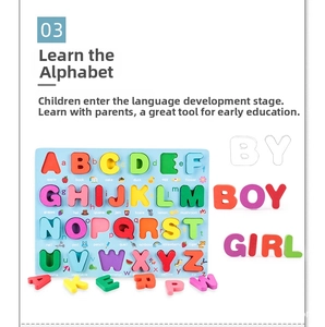 Close-up of wooden alphabet puzzle board with colorful A-Z blocks and English words