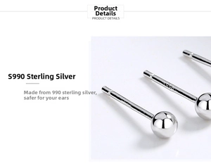 Close-up of S990 sterling silver ball stud earring with visible material hallmark